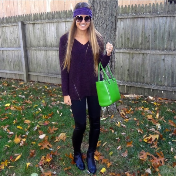 BCBG Sweater Zipper Slit Pullover V-Neck Top XS/S Heathered Maroon Purple - Picture 2 of 9